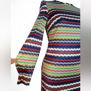 60s/70s Multicolor Zigzag/Chevron Long Sleeve Dress. Size small. Metal zipper